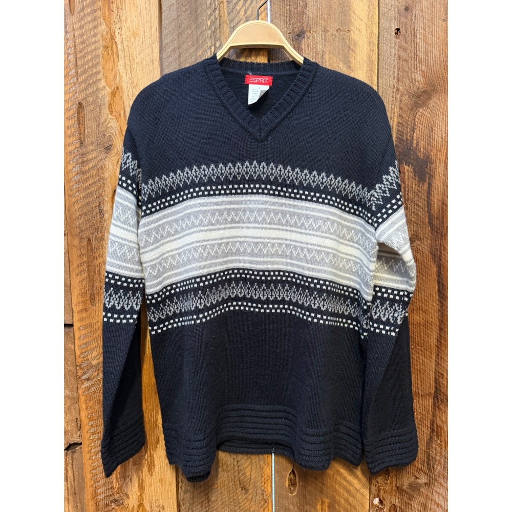 Vintage Esprit Sweater Mens M Fair Isle Nordic Wool Blend V Neck Ski 90's Y2K